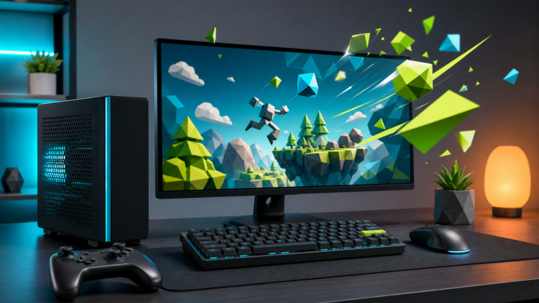Desktop gaming con PC, monitor e forme astratte per giochi leggeri