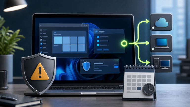 Computer con simboli di sicurezza e calendario per aggiornamenti di sistema