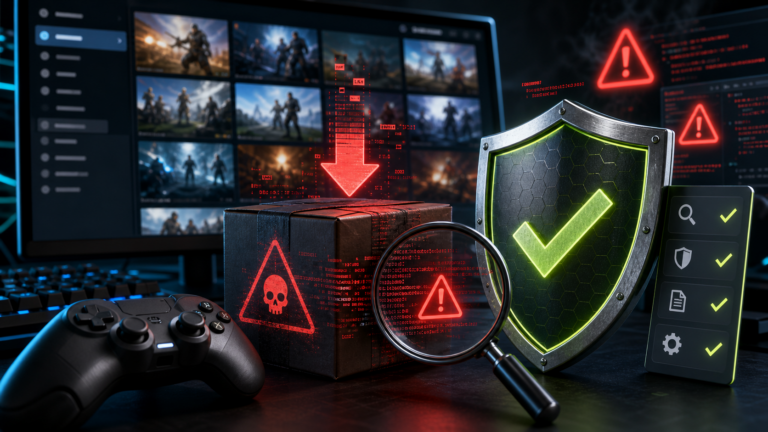 Libreria di giochi su monitor con scudo, lente e avvisi di sicurezza