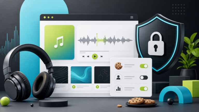 Interfaccia audio con cuffie, controlli cookie e scudo privacy