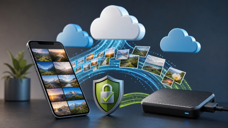 Smartphone con foto, nuvole cloud, disco esterno e scudo di protezione