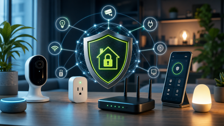 Dispositivi smart home collegati a router e scudo di sicurezza
