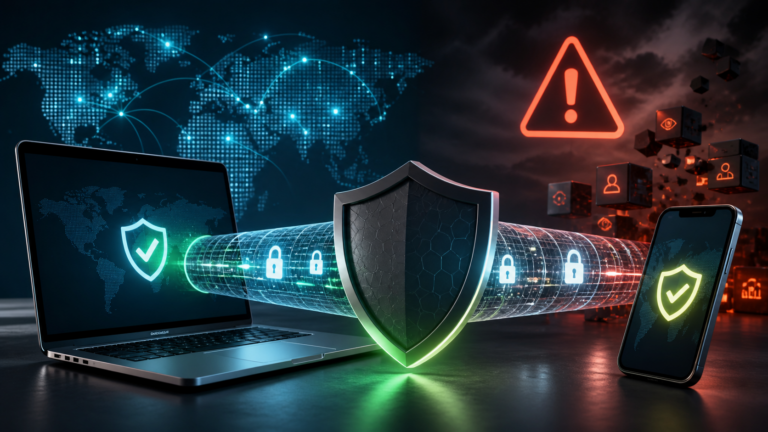 Computer e telefono collegati da tunnel VPN con scudo e avviso privacy