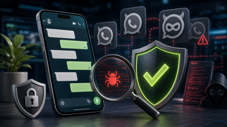 Smartphone con chat generica, scudo di sicurezza e segnali di spyware