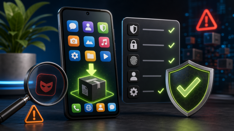 Smartphone con pacchetto app, checklist di verifica e scudo di sicurezza