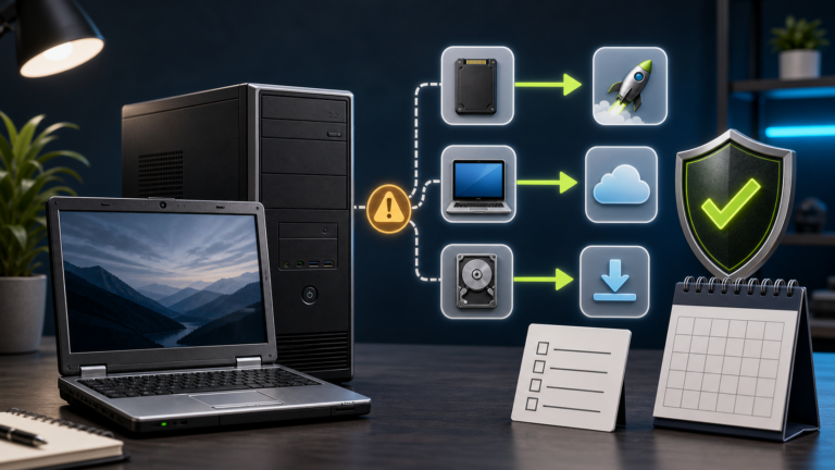 PC datato con percorso di aggiornamento, checklist e scudo di sicurezza
