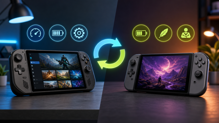Due dispositivi portatili da gioco a confronto con icone di batteria e prestazioni