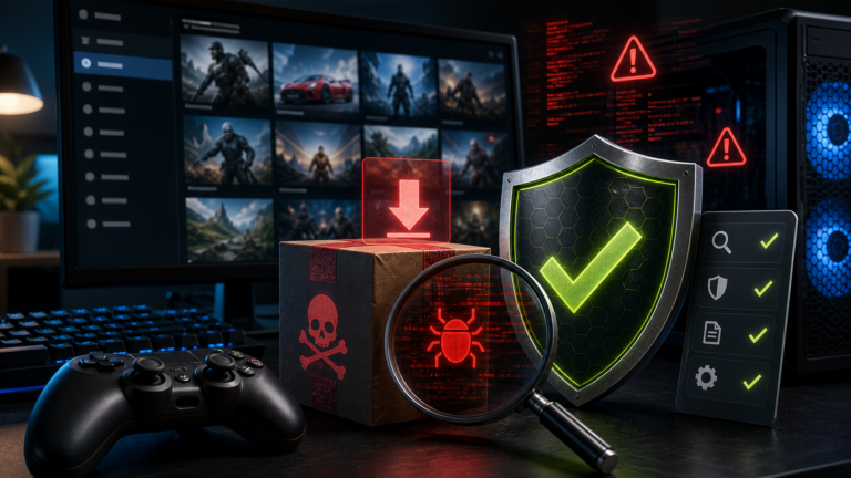 Libreria di giochi generica con download sospetto, scudo e segnali di malware