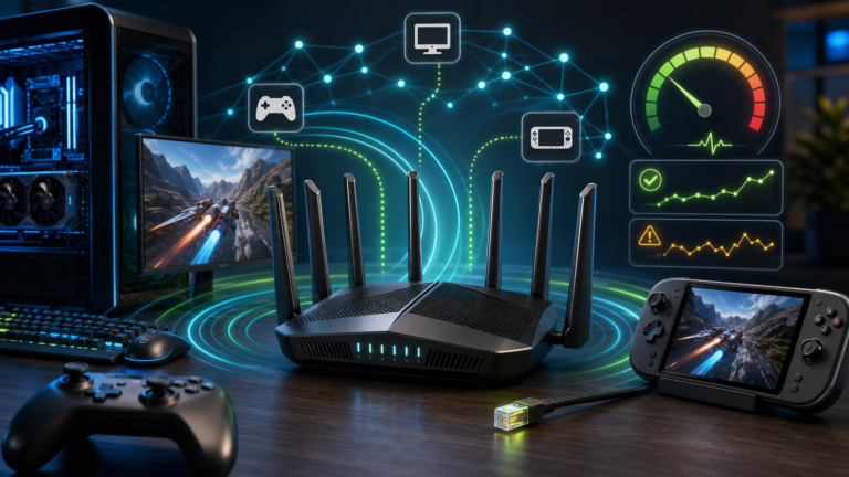 Router da gaming con onde di segnale verso PC e dispositivo portatile