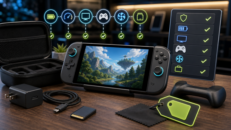 Console portatile generica con accessori e checklist di acquisto
