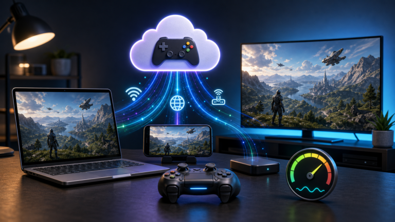 Dispositivi collegati a una nuvola di gioco con onde di streaming