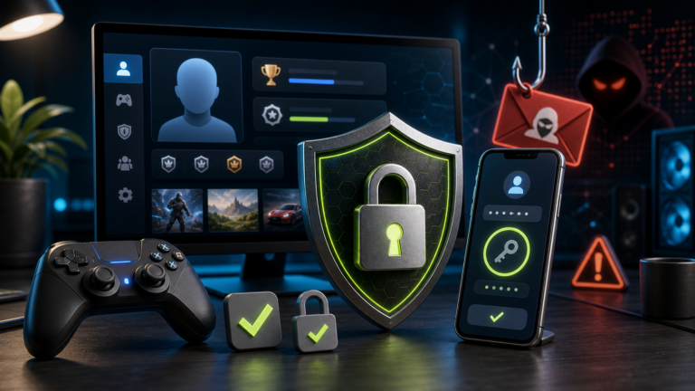 Dashboard account gaming generica con lucchetto, telefono e scudo anti phishing