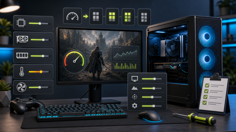 PC gaming con pannelli di impostazioni, indicatori prestazioni e checklist