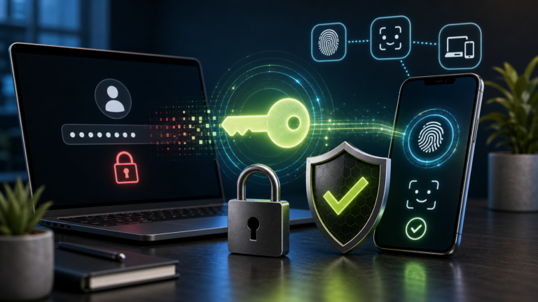 Laptop e smartphone con chiave digitale, impronta e scudo di sicurezza