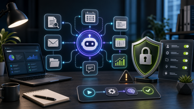 Hub AI astratto collegato a strumenti, autorizzazioni e scudo di sicurezza