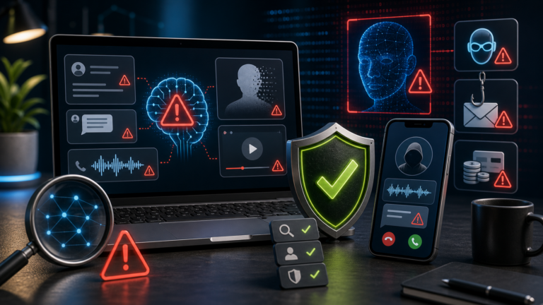 Computer e telefono con segnali di truffa AI, lente e scudo di verifica
