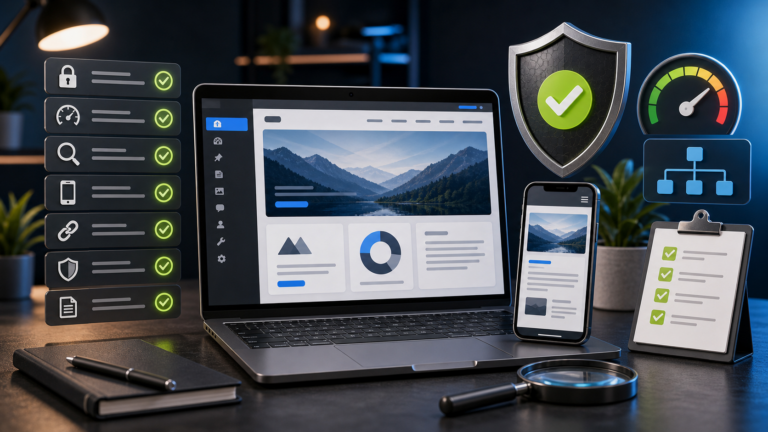 Dashboard sito web generica con checklist, mobile preview e scudo