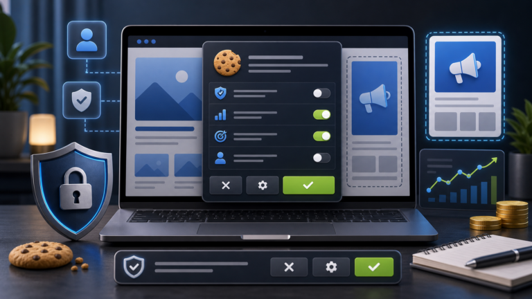 Pannello cookie generico con controlli privacy, annunci e scudo