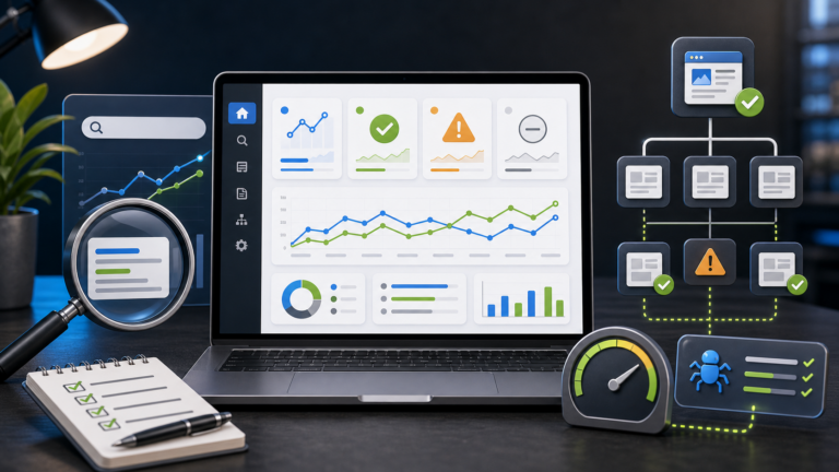 Dashboard analytics generica con sitemap, lente e indicatori di controllo