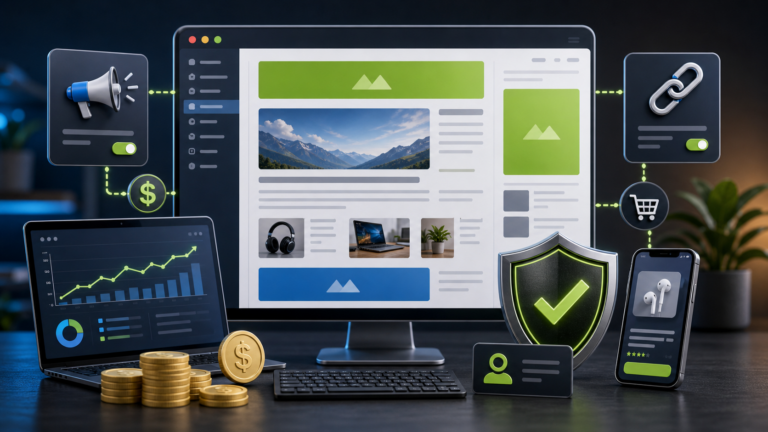 Dashboard sito con spazi pubblicitari, grafico, monete e scudo di trasparenza