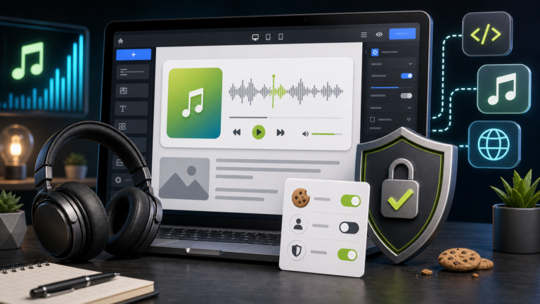 Editor sito con player audio generico, cuffie, cookie e scudo privacy
